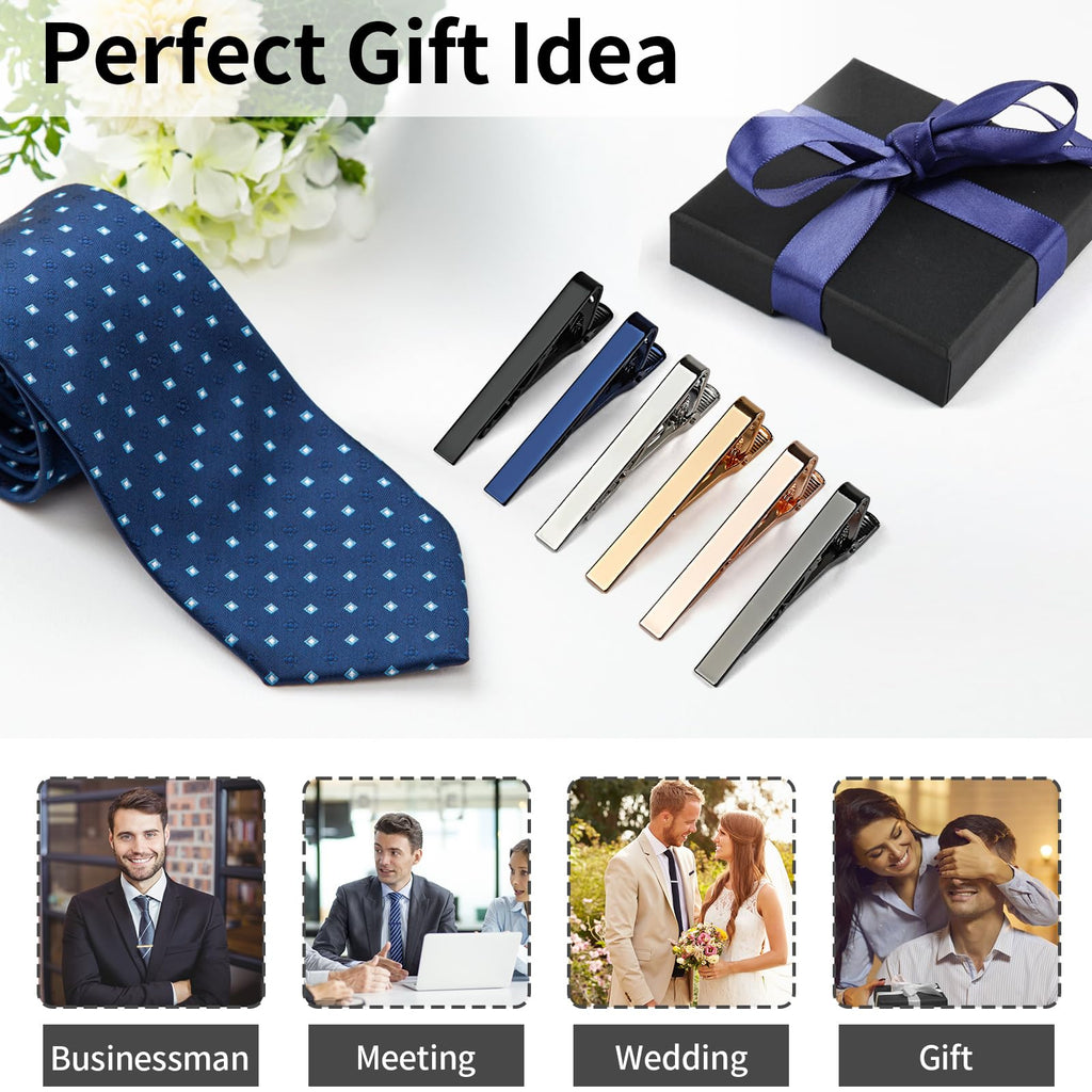 6 Pcs Tie Clips for Men, Classic Shiny & Glossy Tie Bar, Ideal for Father, Husband, Boyfriend, Business, Wedding, Tie Pins with Gift Box