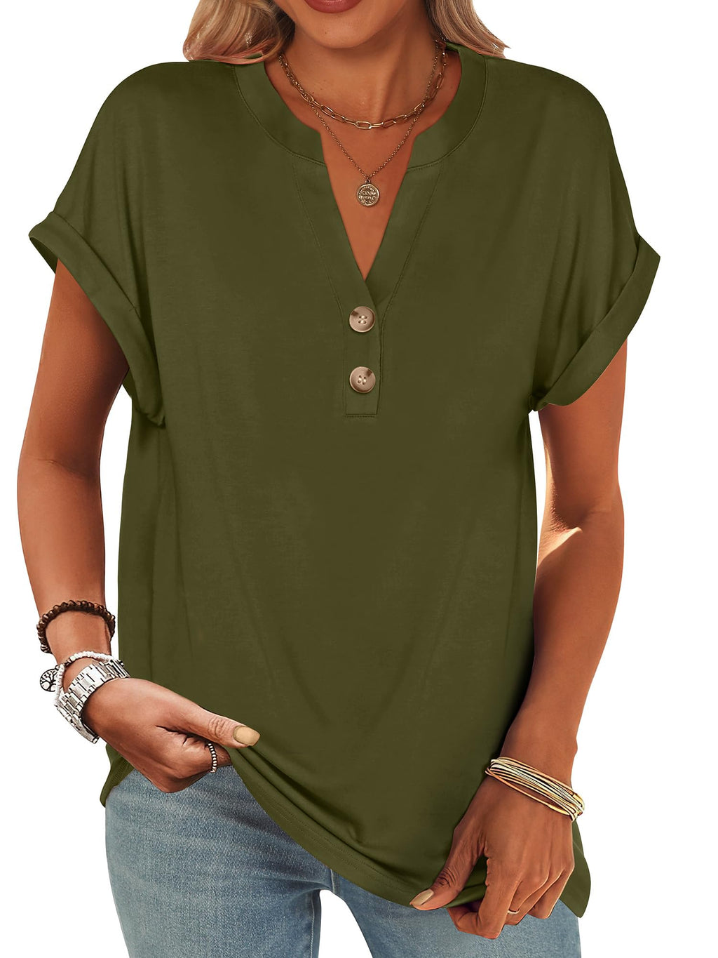 ANRABESS Womens Short Sleeve Henley Tops V Neck Dressy Casual Blouses Summer Trendy Tee Shirts 2026 Vacation Fashion Clothes