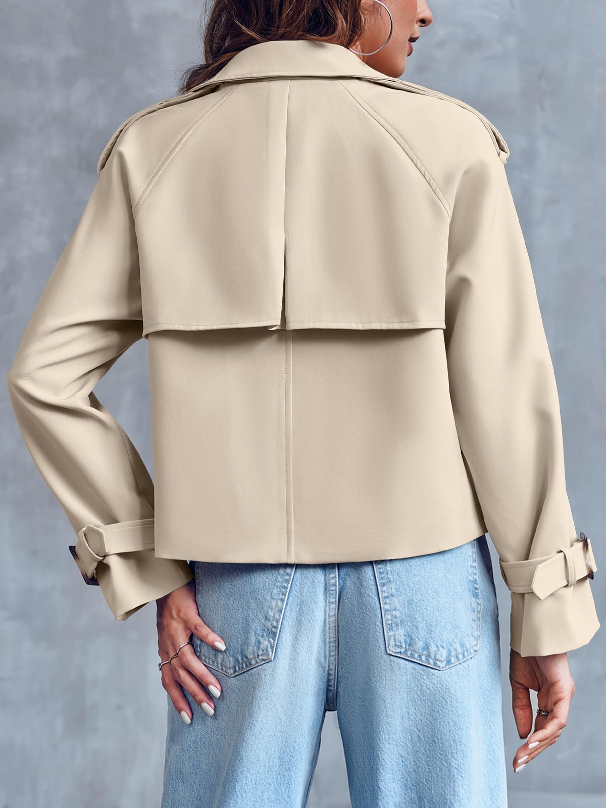 Women Crop Double Breasted Trench Coat Raglan Sleeve Work Office Cropped Jacket With Pockets