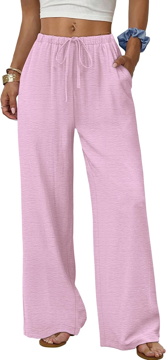 Wide Leg Pants for Women Flowy Palazzo Drawstring Elastic Waist Trousers with Pockets Summer Beach Vacation Clothes