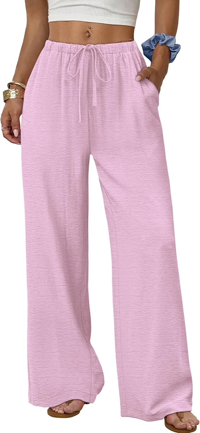 Wide Leg Pants for Women Flowy Palazzo Drawstring Elastic Waist Trousers with Pockets Summer Beach Vacation Clothes