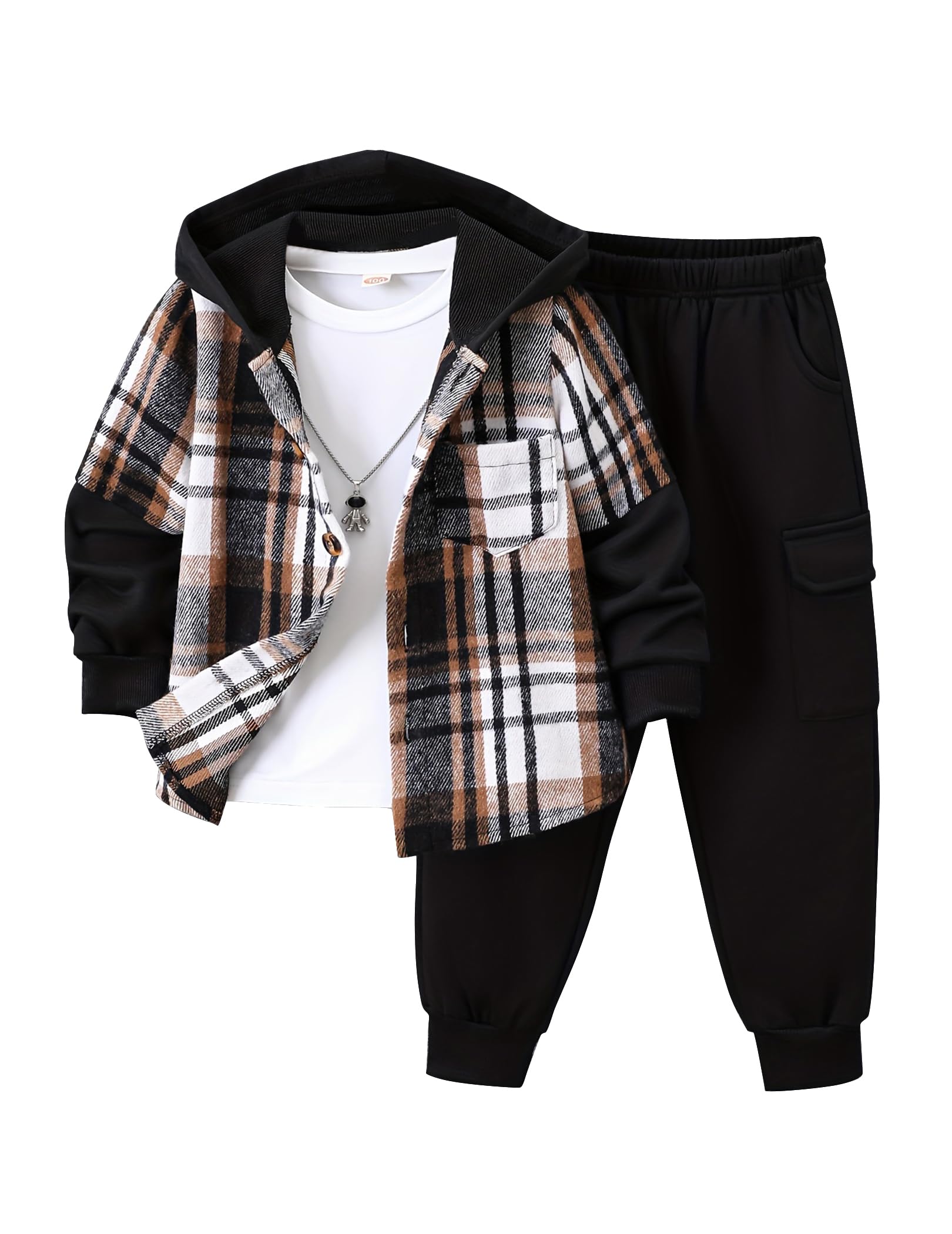 2Pcs Kids Boys Flannel Plaid Shirt Tops Pants Set Hoodie Sweatsuit for Fall Winter Spring Outfits 4-12 Years