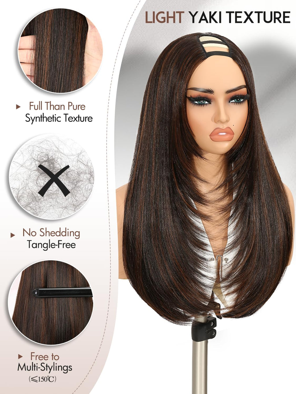 Yaki Straight Layered U Part Wigs V Part Glueless Clip in Half Wigs for Women Realistic Natural Looking Heat Resistant Synthetic Hair(24inch,Natural Black)
