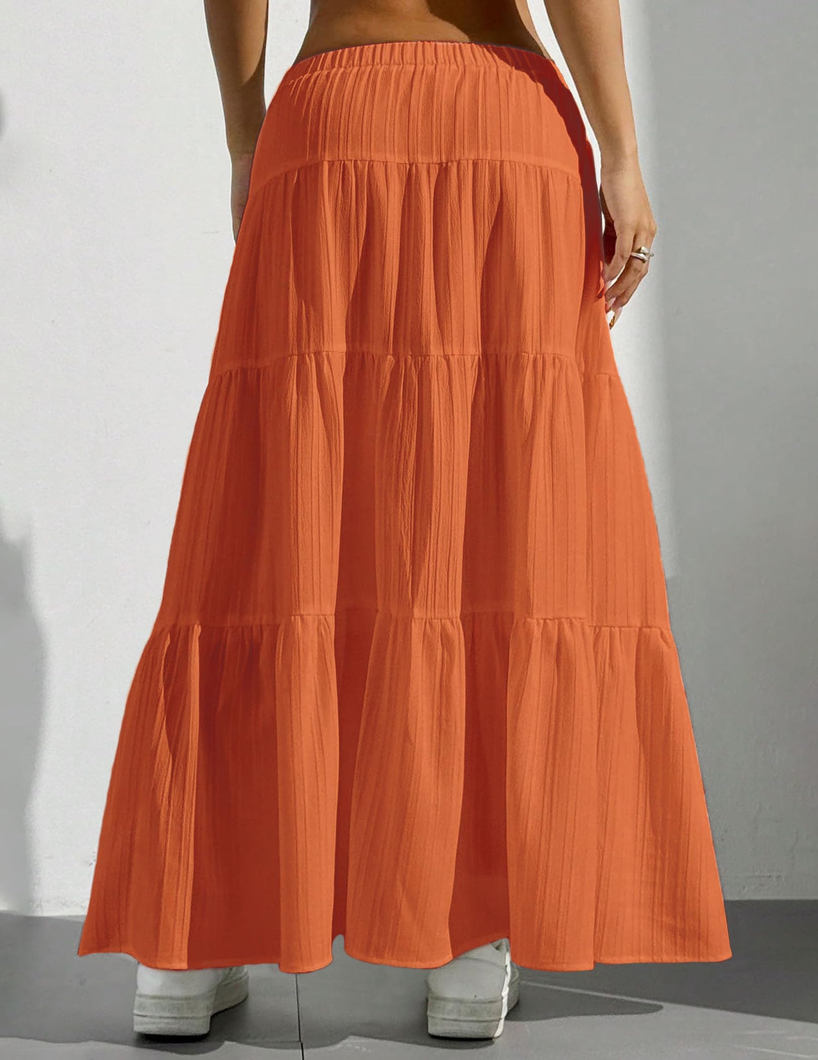 Women's Boho Flowy White Maxi Skirt Flared Ruffle Elastic Waist Summer A Line 2026 Spring Long Skirts
