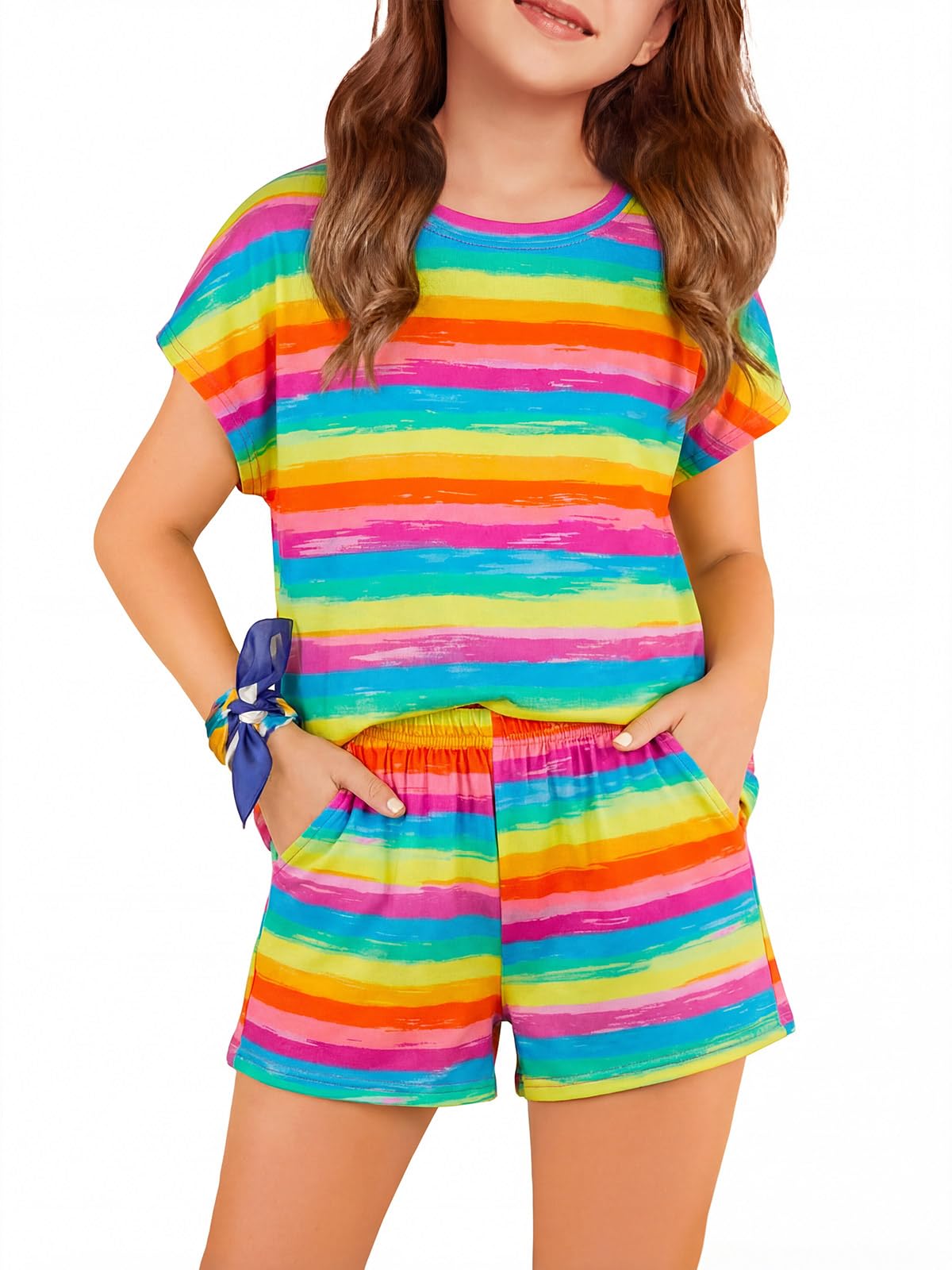 Haloumoning Girls Summer Outfits Casual Lounge Set Cap Sleeve T Shirt and Elastic Waist Shorts 2 Piece Clothing Sets