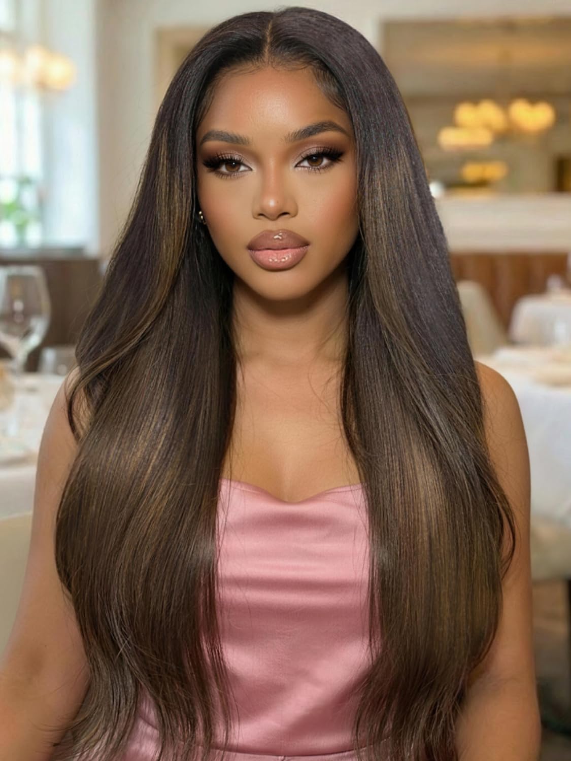 Golden Brown Highlight Glueless Yaki Straight Precut 7x5 Lace Front Wigs Human Hair Drawstring Ombre Pre Plucked Bleached Knots 30S Ready to Wear and Go Wig with Dark Roots 16Inch