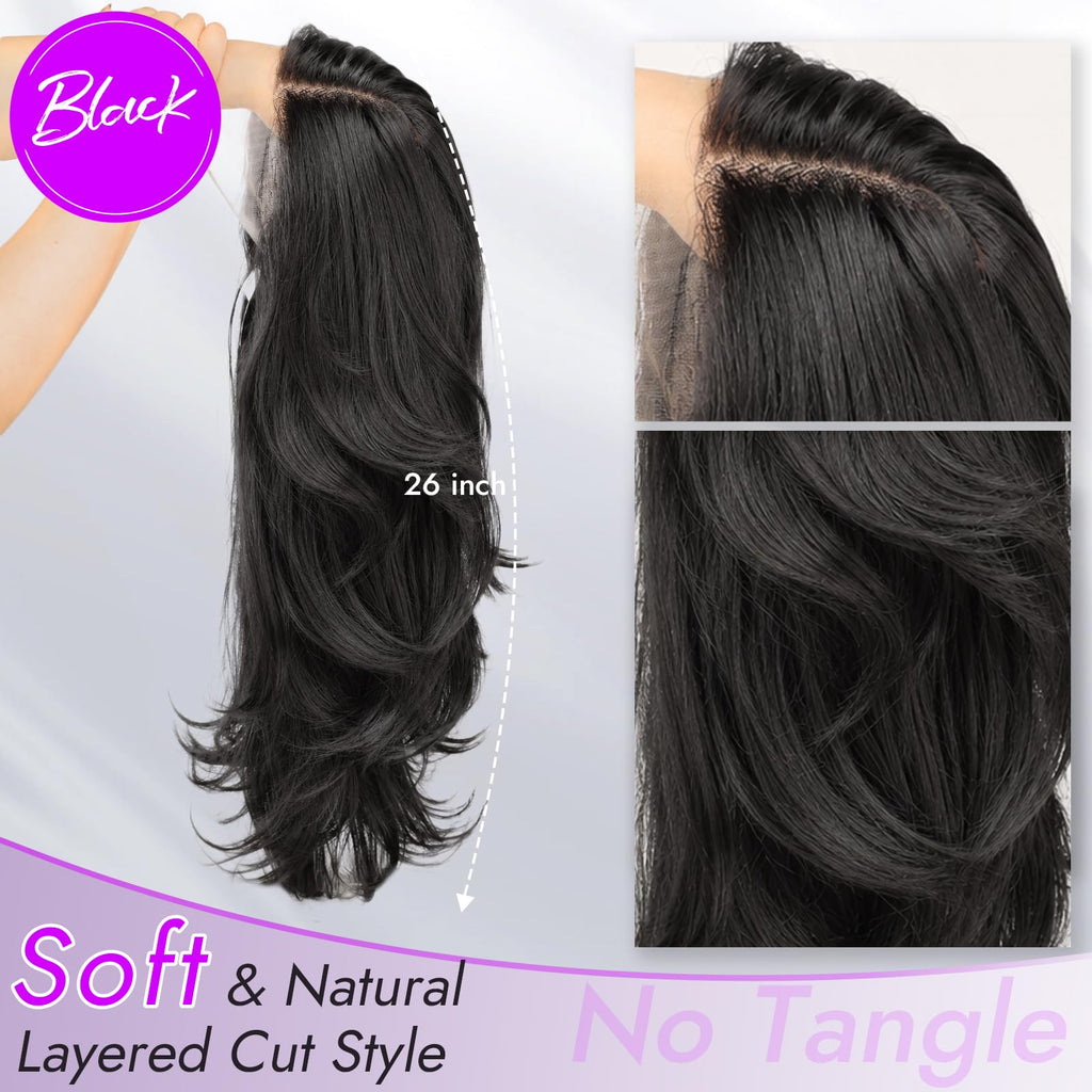 13x4 HD Lace Front Glueless Wigs for Women Black Long Layered Wave Wig Natural Hairline Heat Resistant Synthetic for Daily Use Beginner Friendly 26 Inch