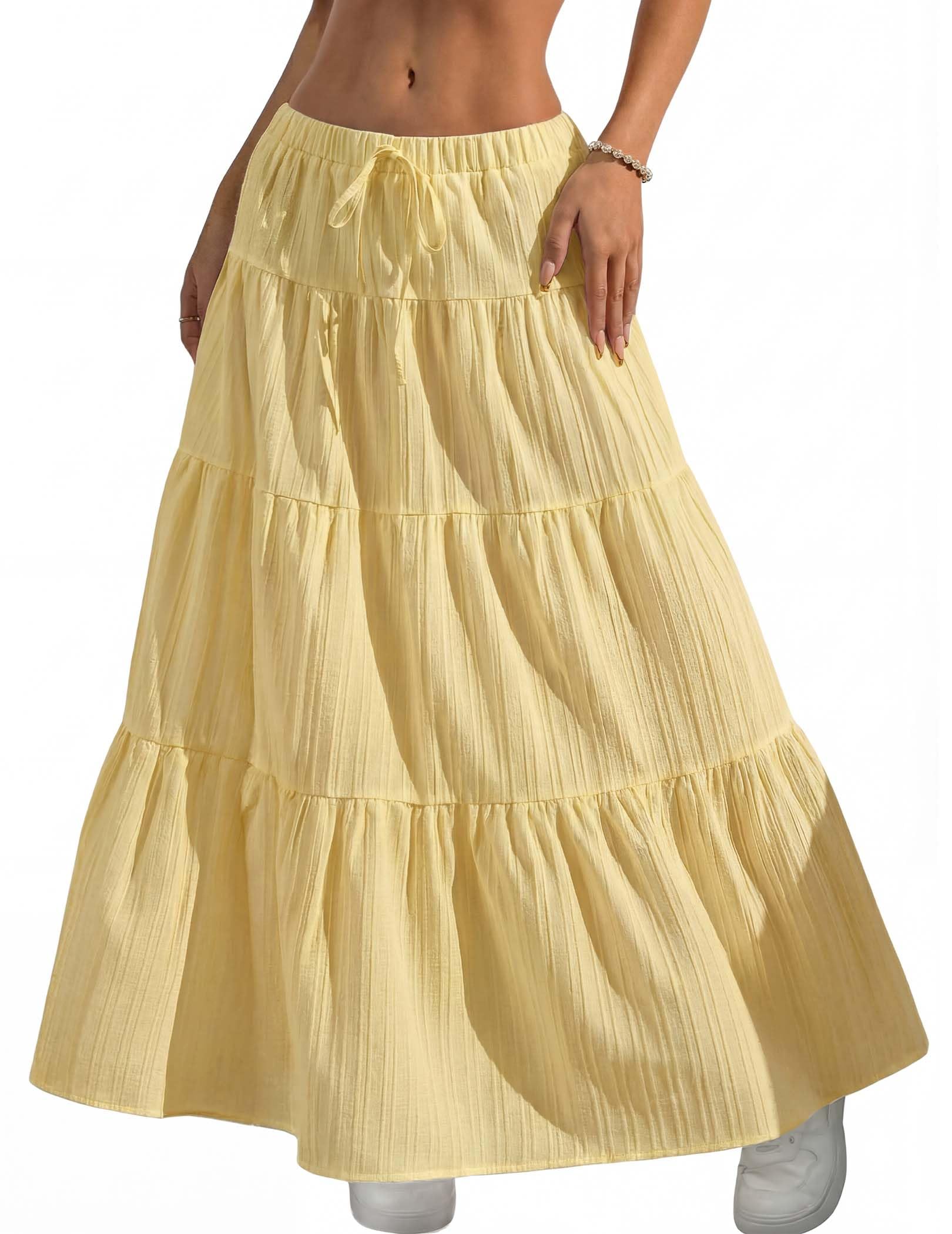 Women's Boho Flowy White Maxi Skirt Flared Ruffle Elastic Waist Summer A Line 2026 Spring Long Skirts