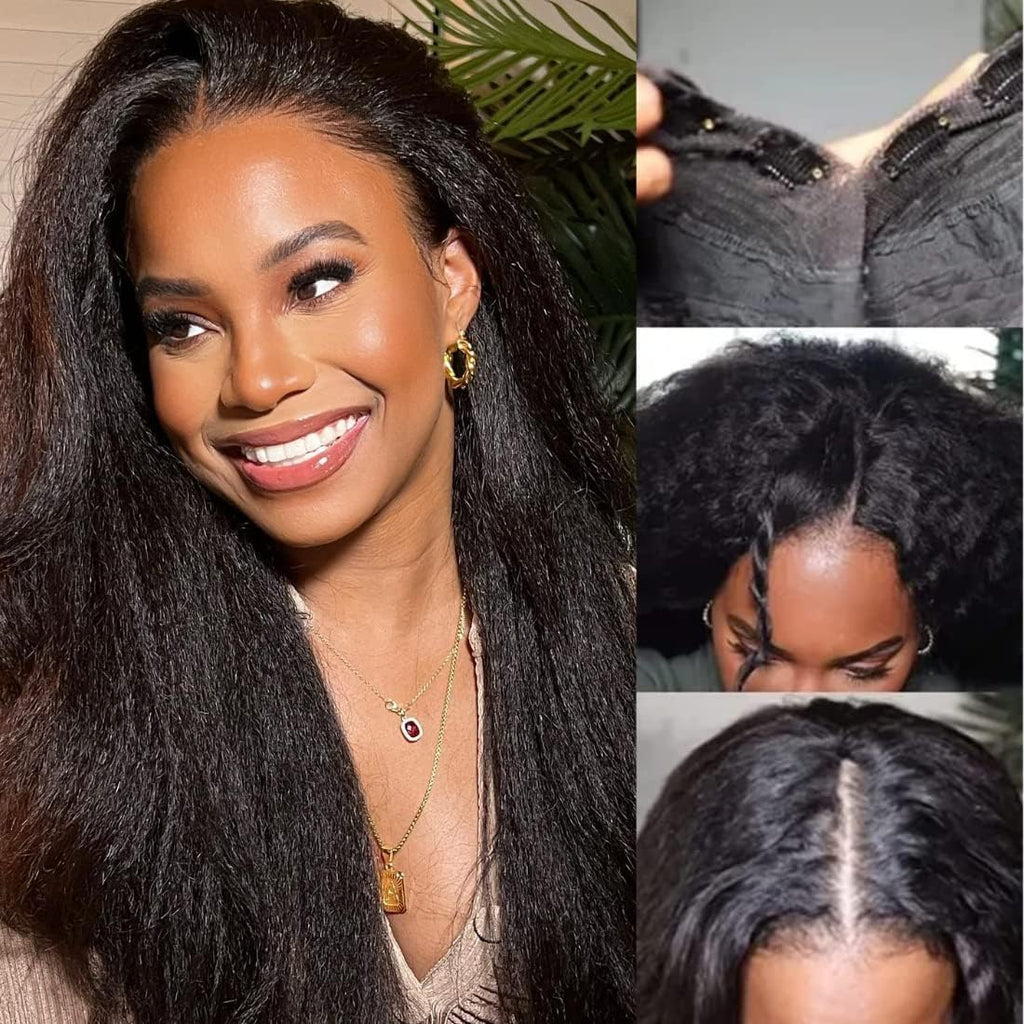 Golden Brown Highlight Glueless Yaki Straight Precut 7x5 Lace Front Wigs Human Hair Drawstring Ombre Pre Plucked Bleached Knots 30S Ready to Wear and Go Wig with Dark Roots 16Inch