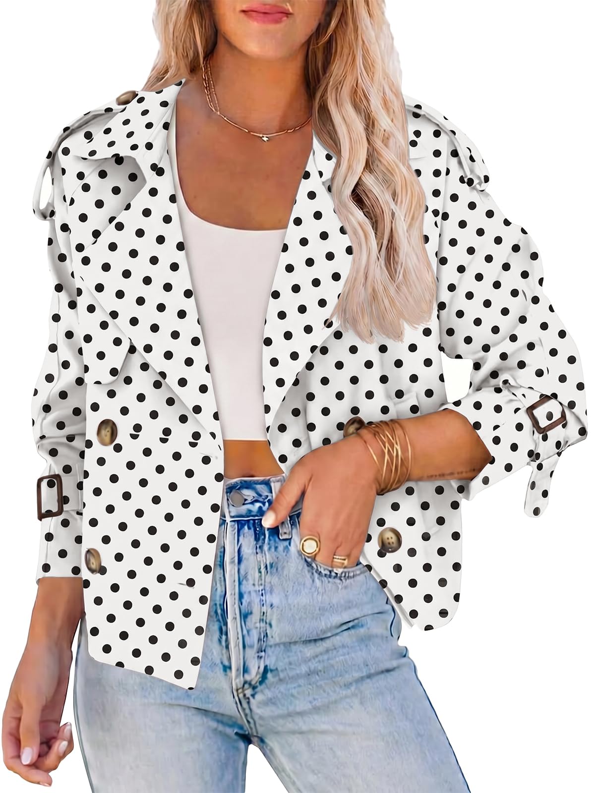Women Crop Double Breasted Trench Coat Raglan Sleeve Work Office Cropped Jacket With Pockets