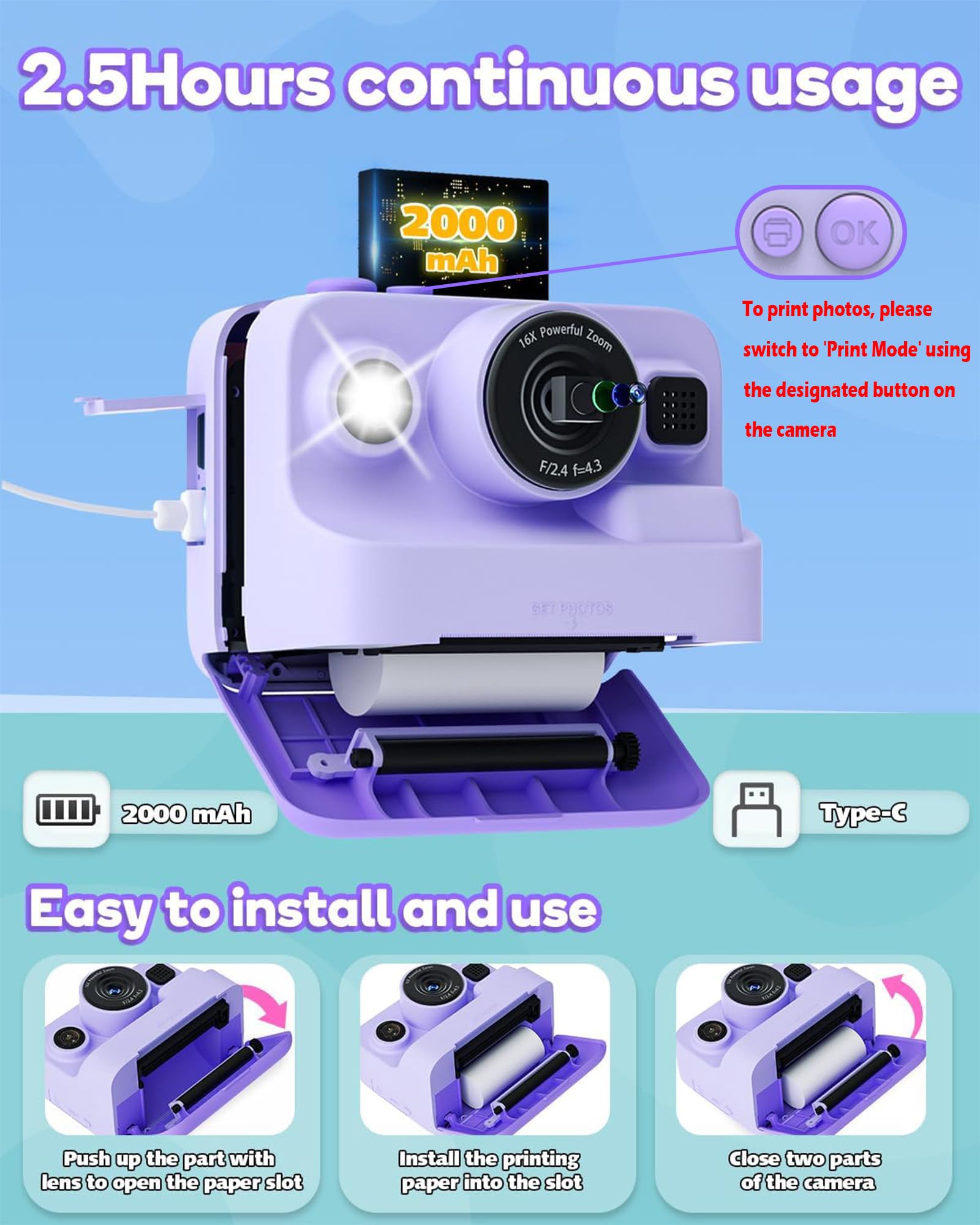 Dylanto Kids Camera Instant Print,1080P Kids Instant Cameras that Print Photos,Christmas Birthday Gifts for Girls Age 3-12,Portable Toy for 3 4 5 6 7 8 9 10 Year Old Girls Boys Pink