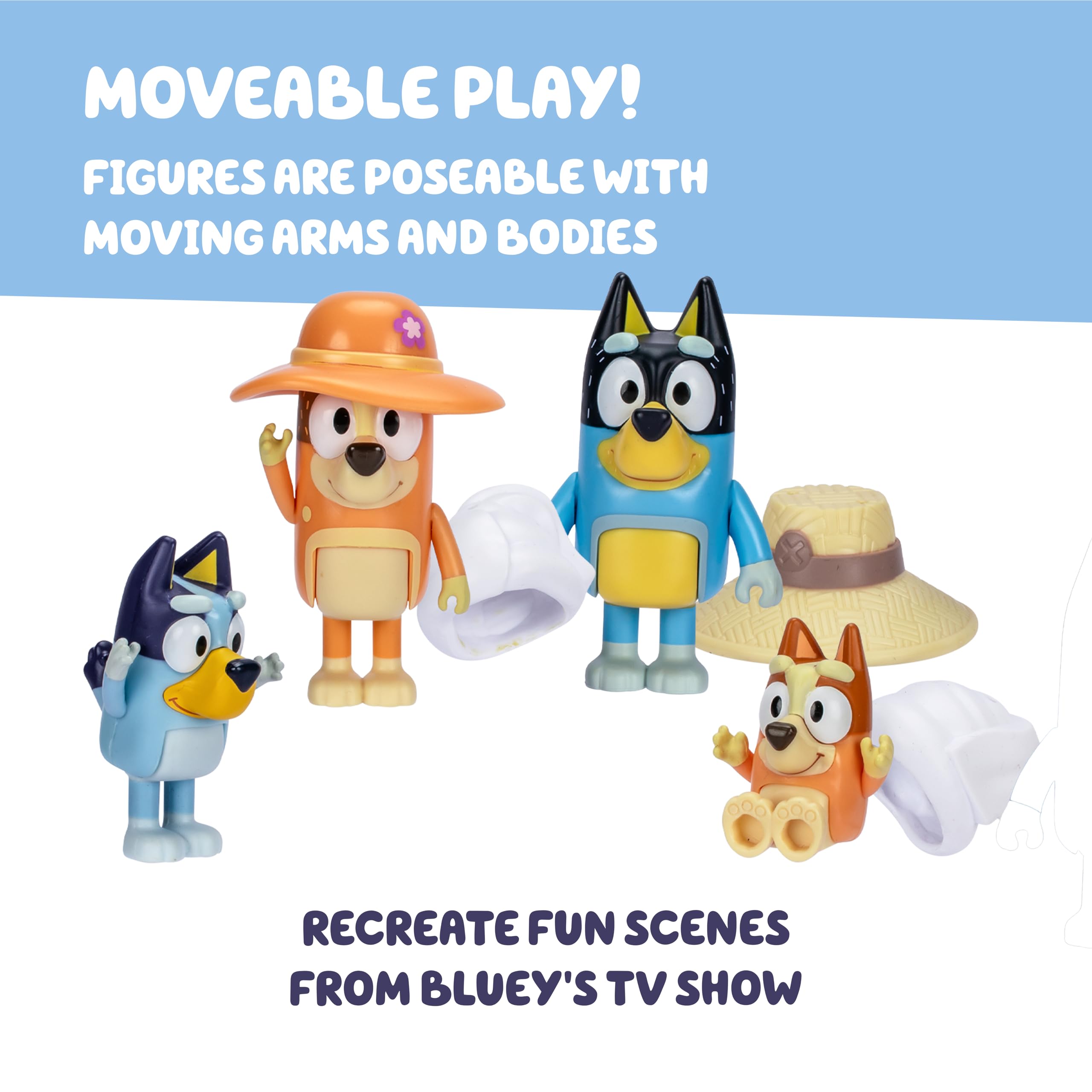 Bluey Family Figure Pack of 4, Robust Poseable Character Toys with Bingo, Chilli, and Bandit Figures, Toddler-Sized Animal Figurines for Kids Ages 3+