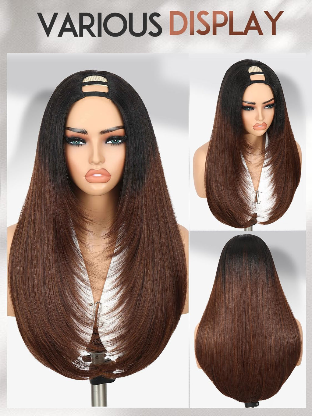 Yaki Straight Layered U Part Wigs V Part Glueless Clip in Half Wigs for Women Realistic Natural Looking Heat Resistant Synthetic Hair(24inch,Natural Black)