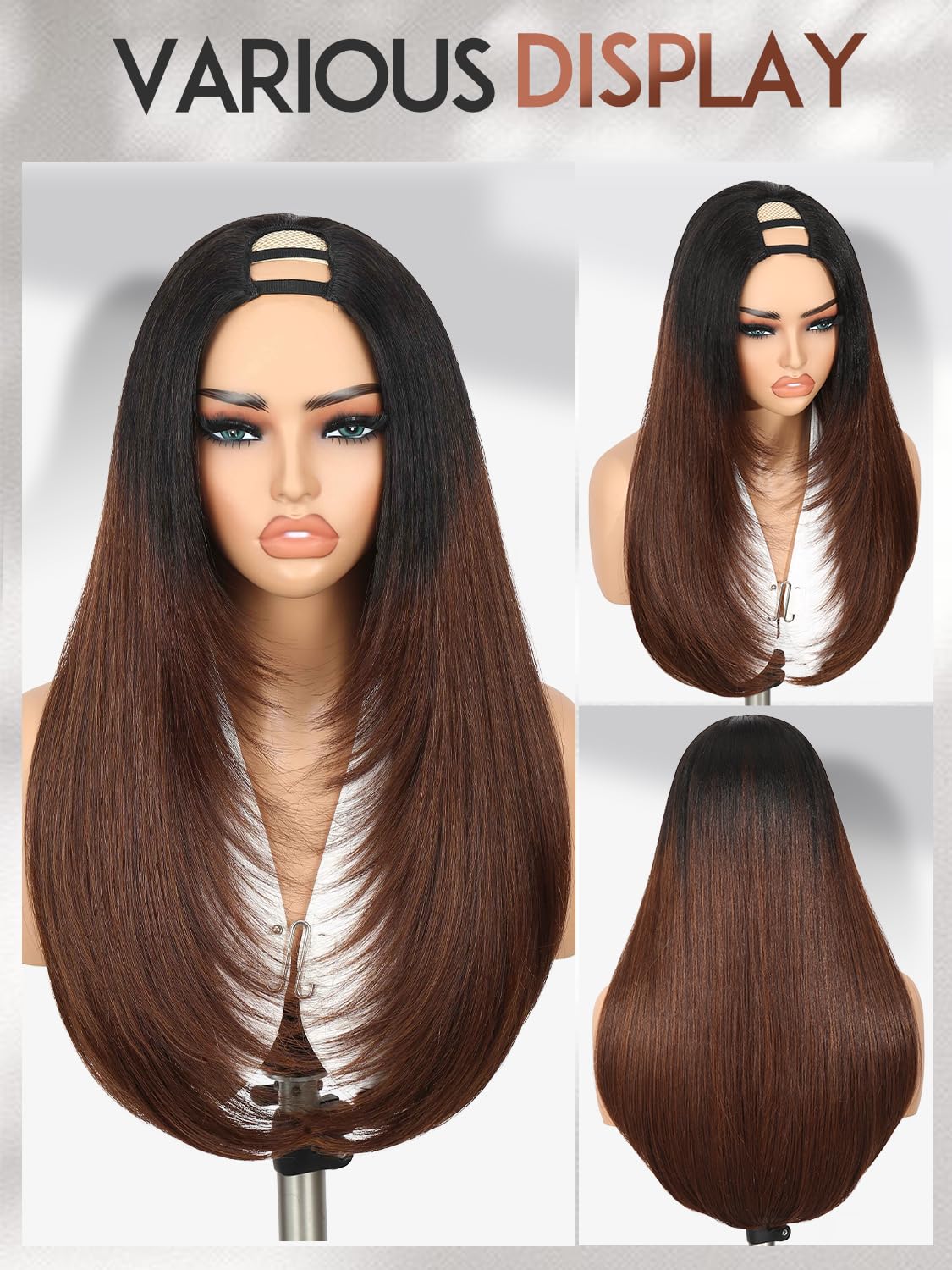Yaki Straight Layered U Part Wigs V Part Glueless Clip in Half Wigs for Women Realistic Natural Looking Heat Resistant Synthetic Hair(24inch,Natural Black)
