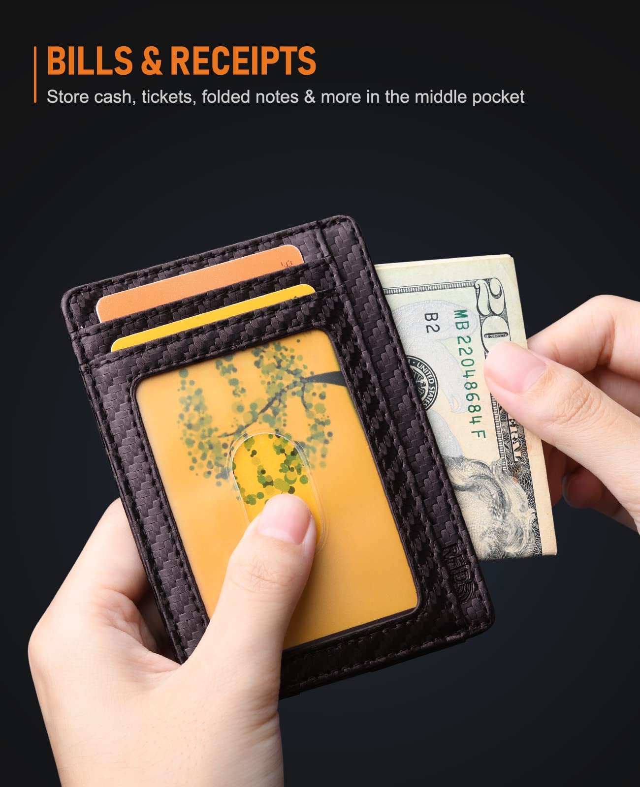 Slim Minimalist Front Pocket RFID Blocking Leather Wallets for Men and Women - Carbon Fiber Black