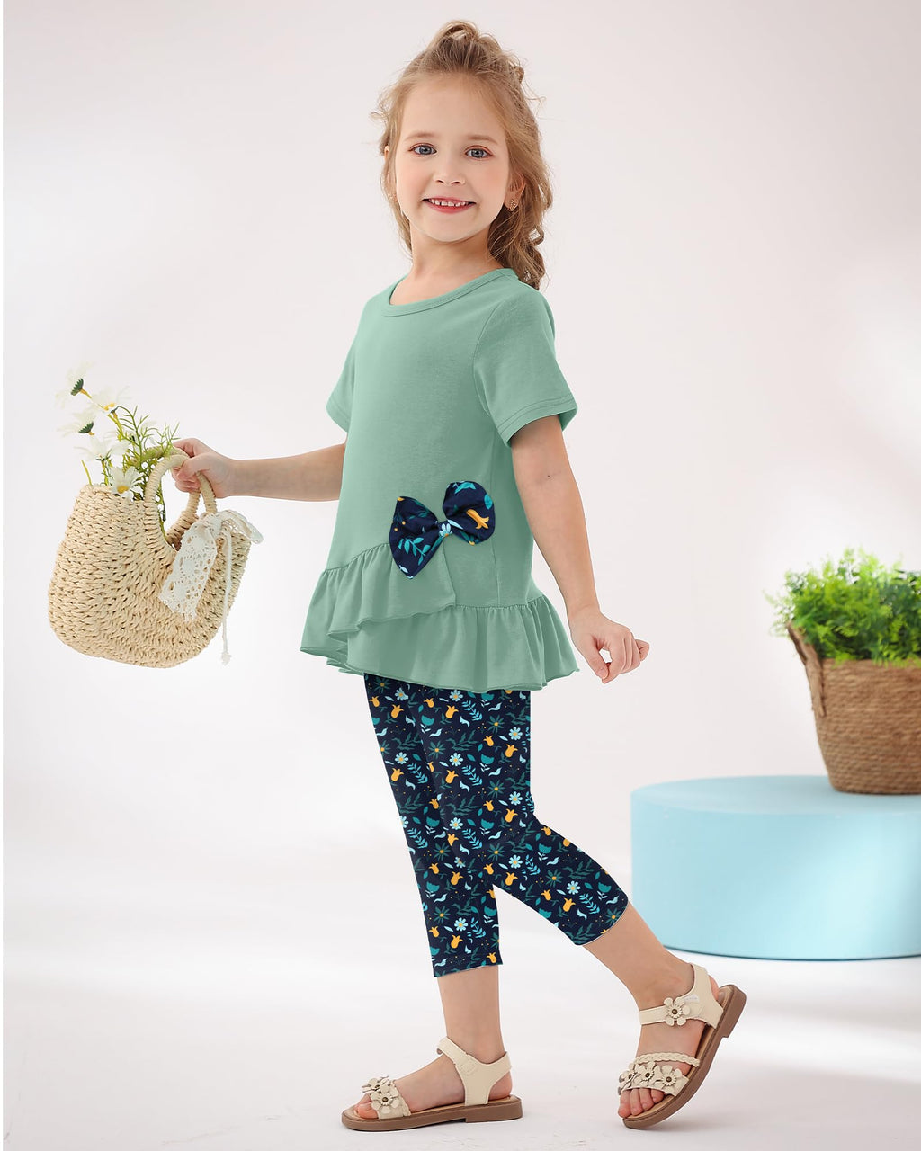 Toddler Girl Clothes 2-8Years Girls Outfit, Short Sleeve Ruffle Bowknot Top+Floral Capri Pants 2Pcs Spring Summer Set