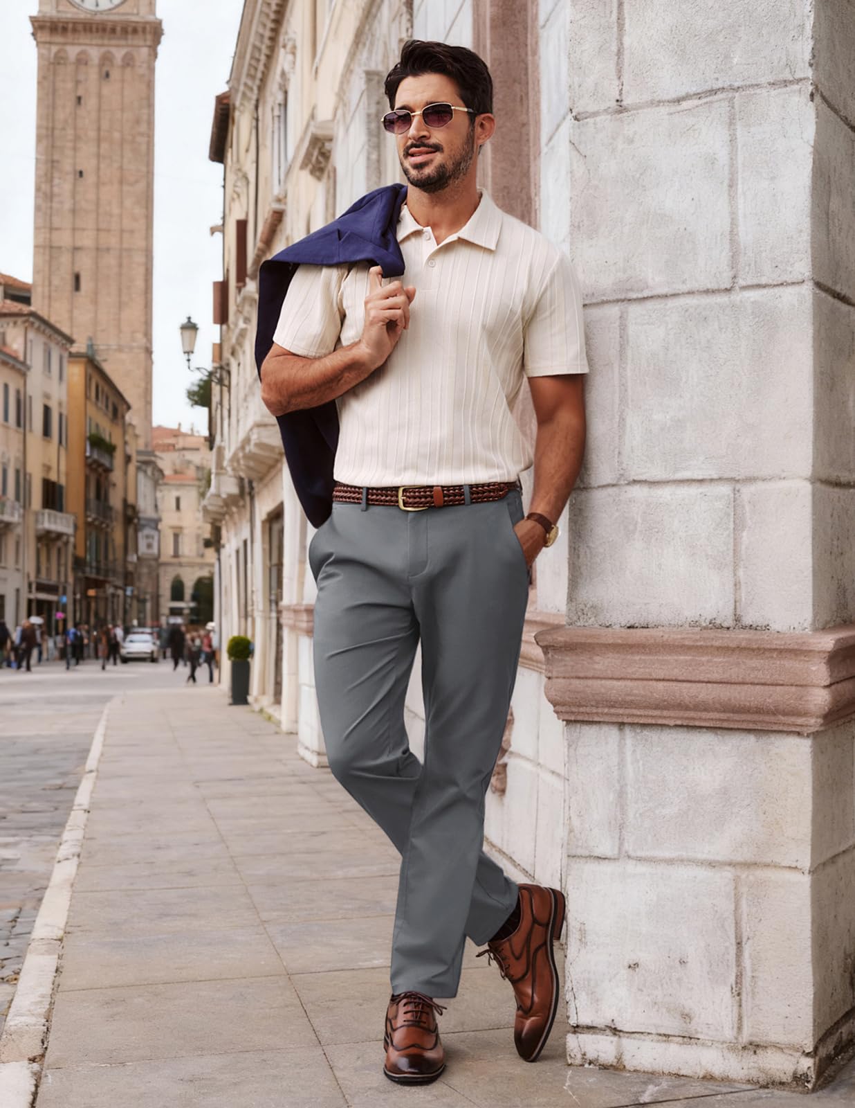 Mens Dress Pants 4-Way Stretch Tapered Trousers Extended Waist Dress Pant Casual Golf Pants