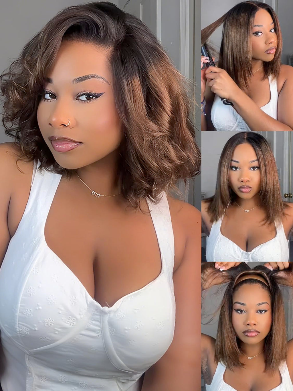 Golden Brown Highlight Glueless Yaki Straight Precut 7x5 Lace Front Wigs Human Hair Drawstring Ombre Pre Plucked Bleached Knots 30S Ready to Wear and Go Wig with Dark Roots 16Inch