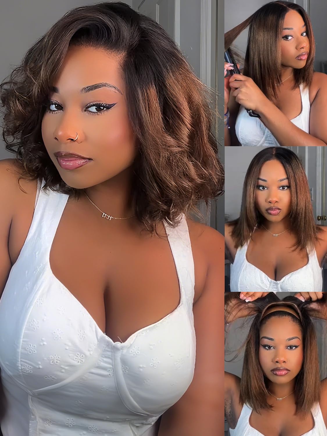 Golden Brown Highlight Glueless Yaki Straight Precut 7x5 Lace Front Wigs Human Hair Drawstring Ombre Pre Plucked Bleached Knots 30S Ready to Wear and Go Wig with Dark Roots 16Inch