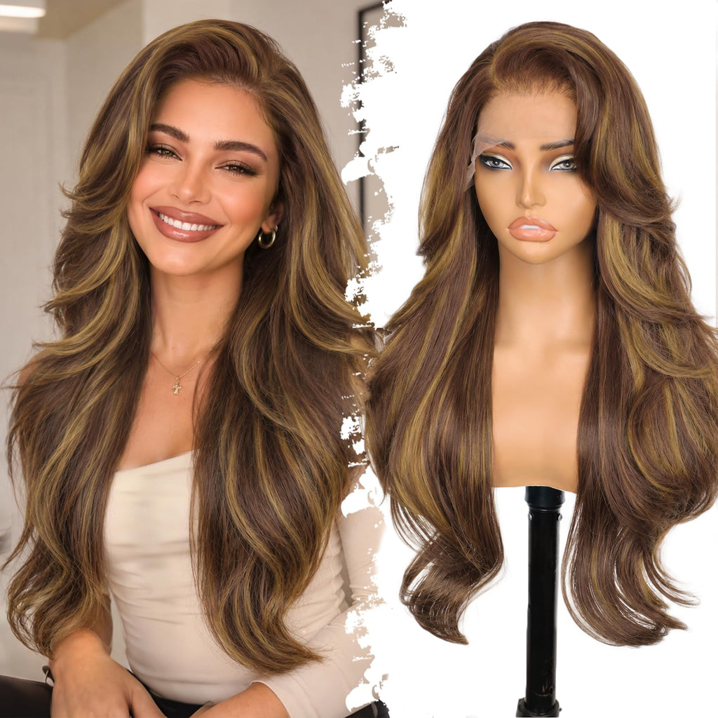 13x4 HD Lace Front Glueless Wigs for Women Black Long Layered Wave Wig Natural Hairline Heat Resistant Synthetic for Daily Use Beginner Friendly 26 Inch