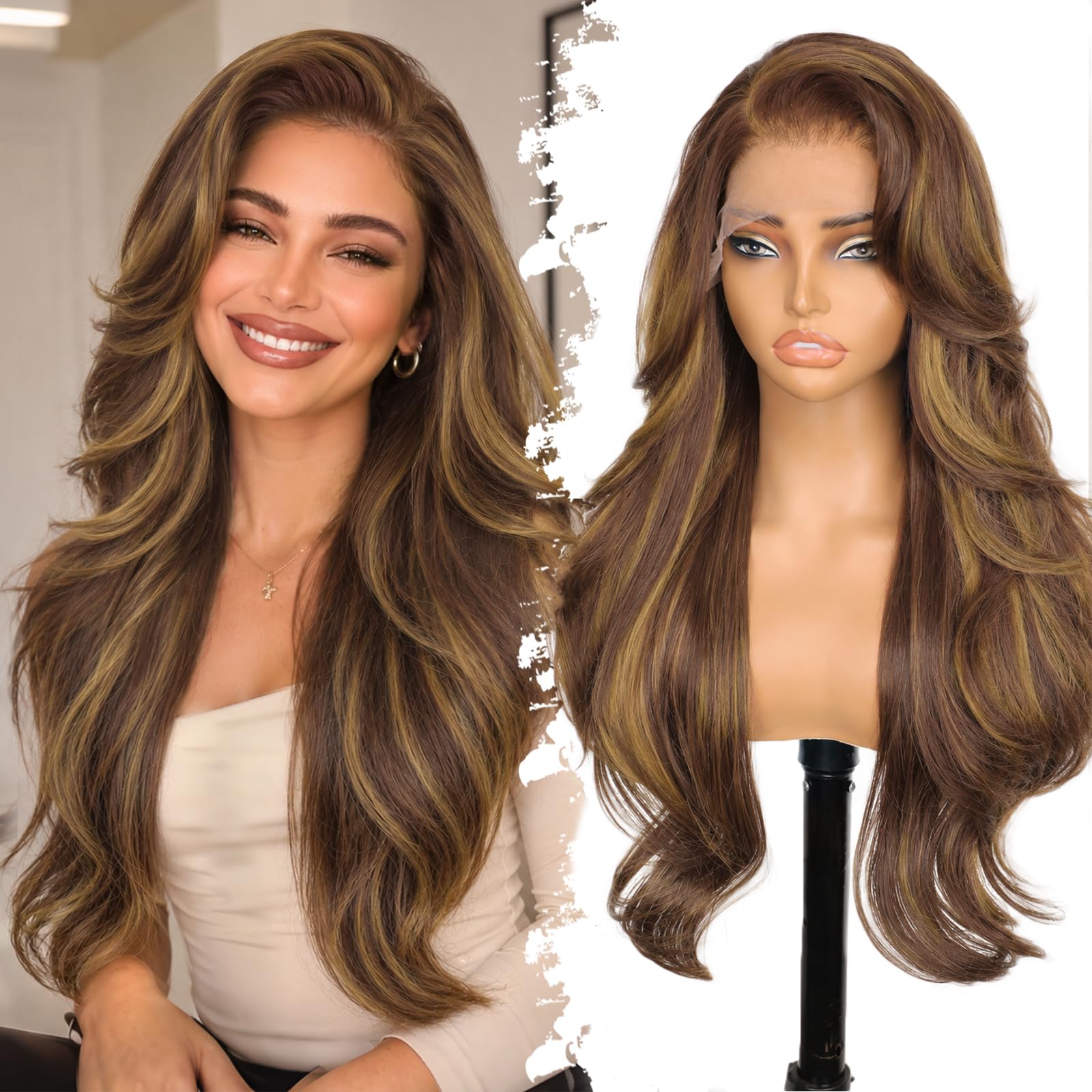 13x4 HD Lace Front Glueless Wigs for Women Black Long Layered Wave Wig Natural Hairline Heat Resistant Synthetic for Daily Use Beginner Friendly 26 Inch