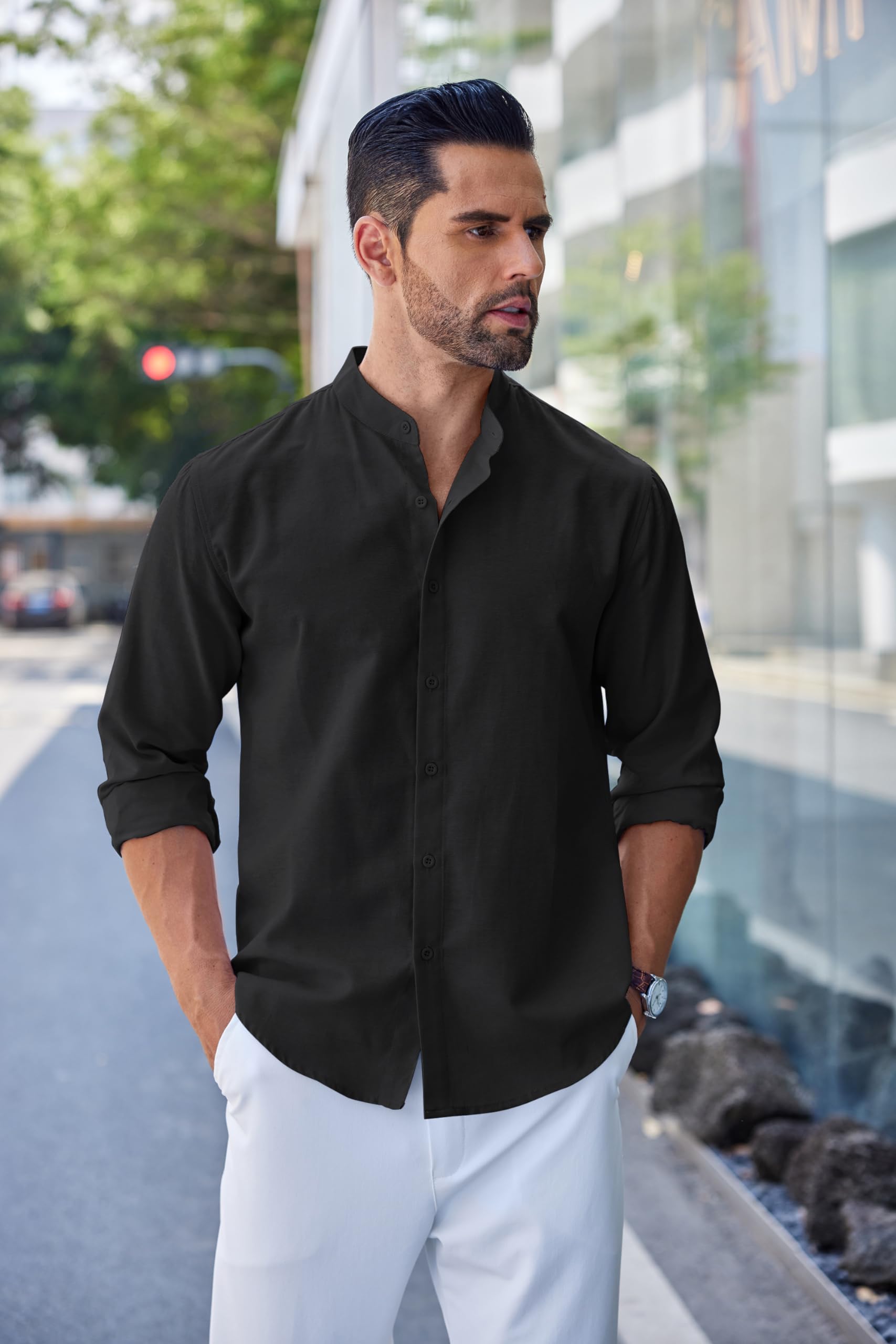 Men's Long Sleeve Oxford Dress Shirts Button Down Shirt Casual Band Collar Shirts