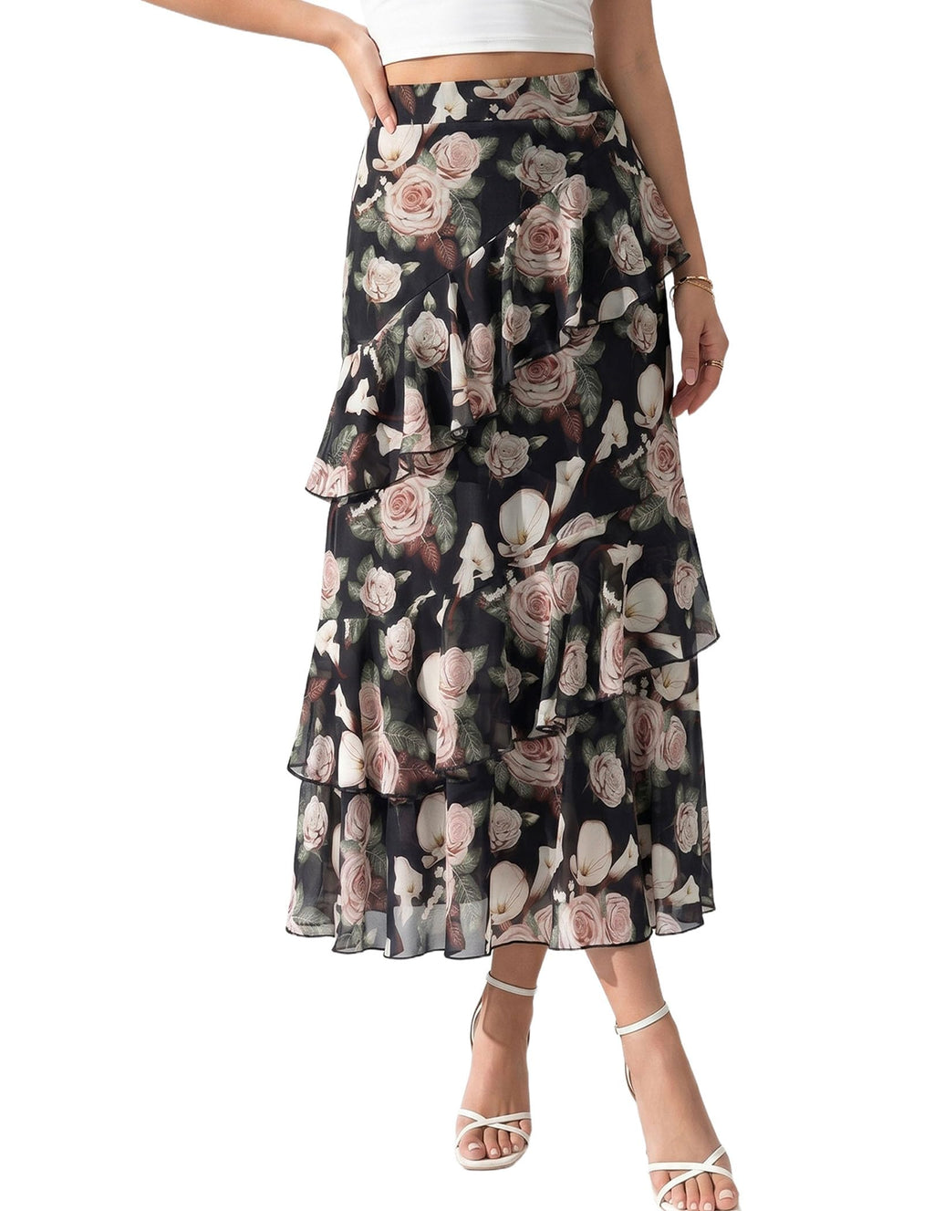 Women's Boho Flowy White Maxi Skirt Flared Ruffle Elastic Waist Summer A Line 2026 Spring Long Skirts