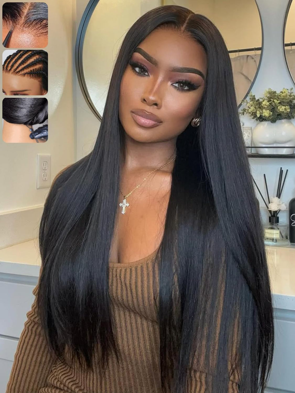 Golden Brown Highlight Glueless Yaki Straight Precut 7x5 Lace Front Wigs Human Hair Drawstring Ombre Pre Plucked Bleached Knots 30S Ready to Wear and Go Wig with Dark Roots 16Inch