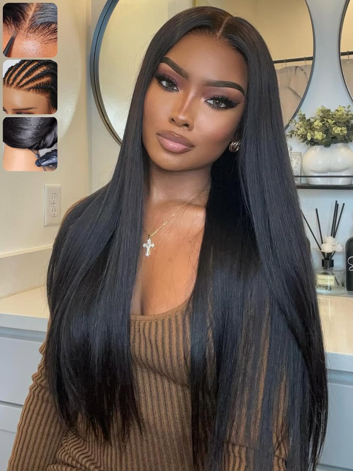 Golden Brown Highlight Glueless Yaki Straight Precut 7x5 Lace Front Wigs Human Hair Drawstring Ombre Pre Plucked Bleached Knots 30S Ready to Wear and Go Wig with Dark Roots 16Inch