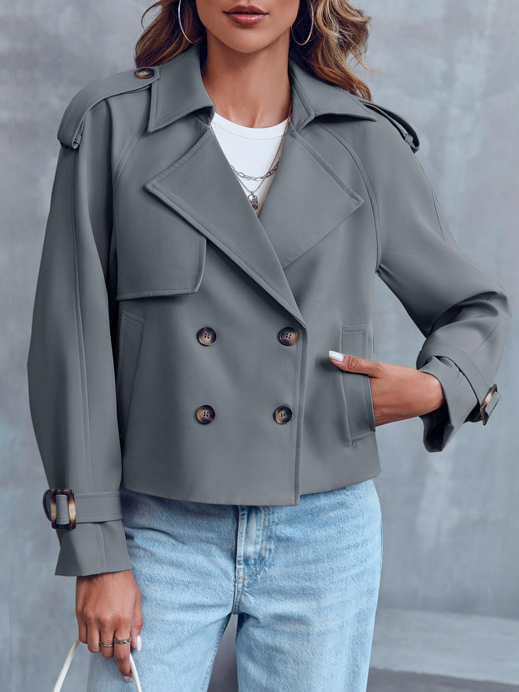 Women Crop Double Breasted Trench Coat Raglan Sleeve Work Office Cropped Jacket With Pockets