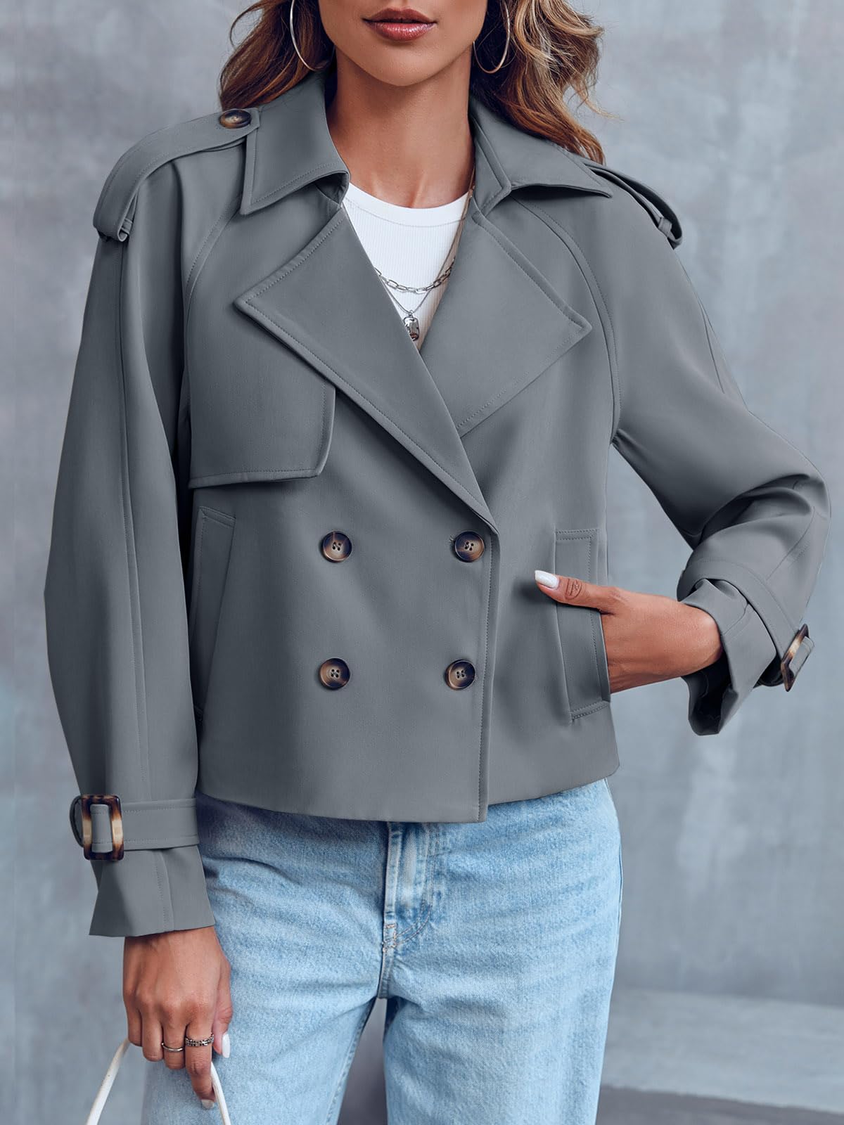 Women Crop Double Breasted Trench Coat Raglan Sleeve Work Office Cropped Jacket With Pockets