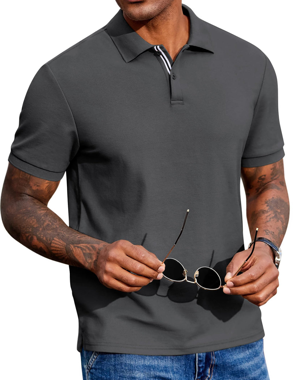 Men's Polo Shirts Short Sleeve Cotton Pique Casual Button T Shirts Classic Fit Collared Golf Shirts