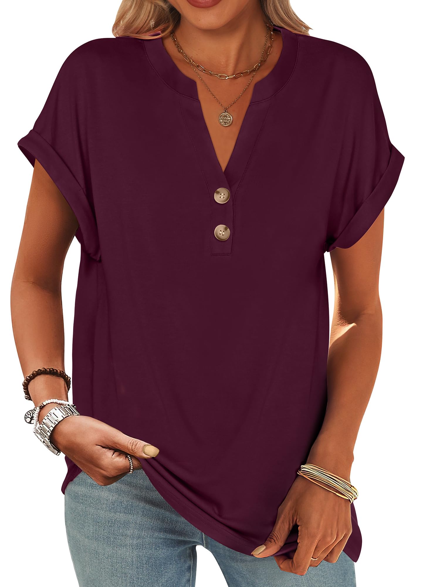 ANRABESS Womens Short Sleeve Henley Tops V Neck Dressy Casual Blouses Summer Trendy Tee Shirts 2026 Vacation Fashion Clothes