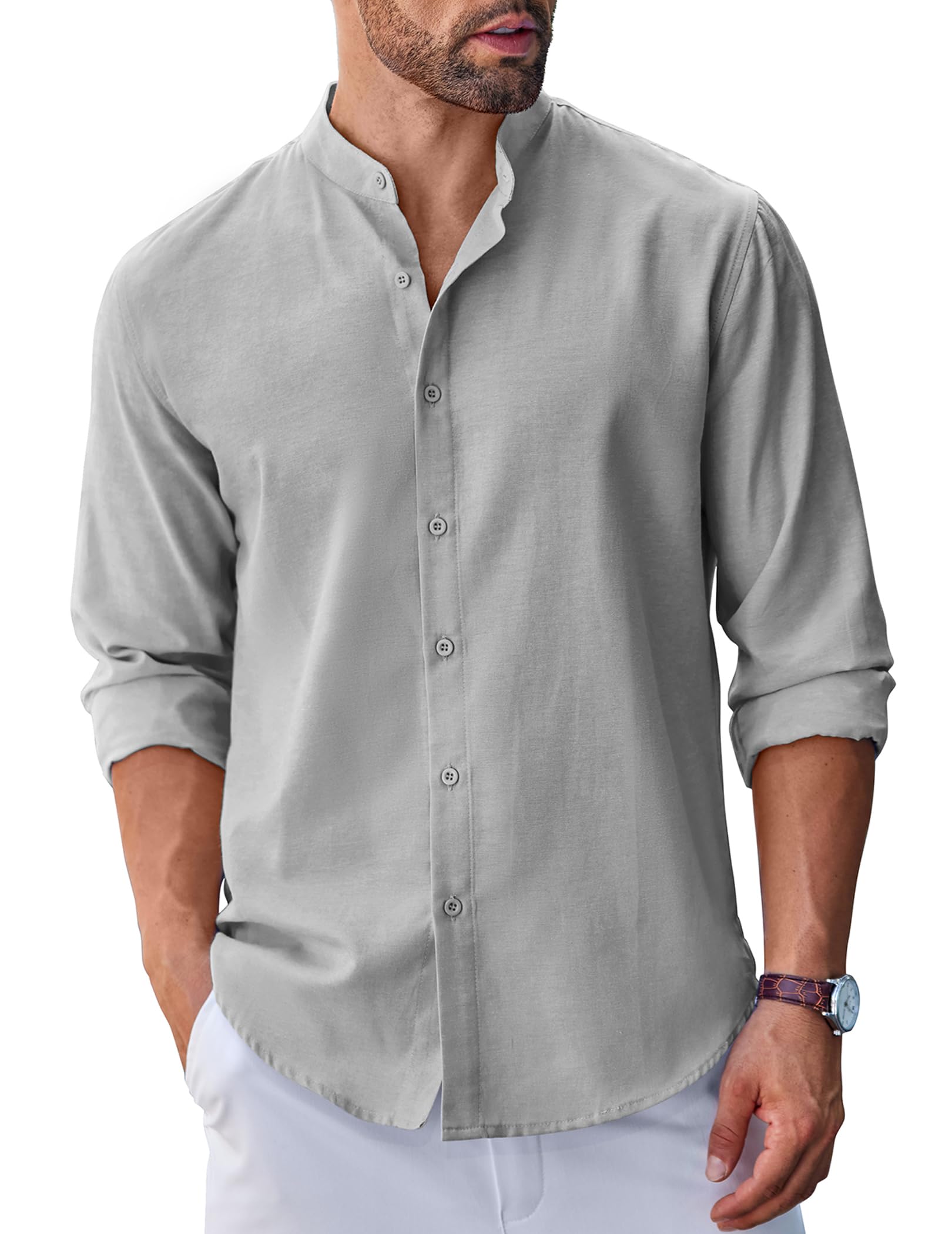 Men's Long Sleeve Oxford Dress Shirts Button Down Shirt Casual Band Collar Shirts