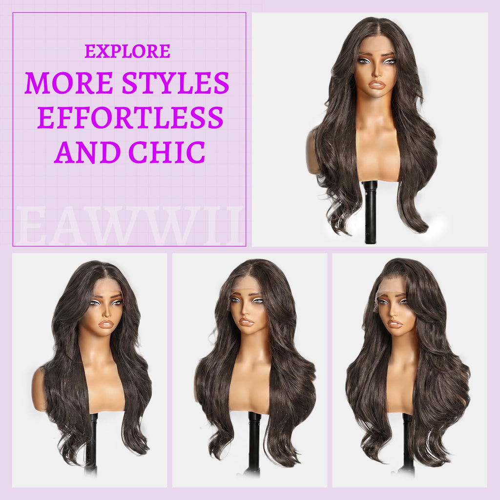 13x4 HD Lace Front Glueless Wigs for Women Black Long Layered Wave Wig Natural Hairline Heat Resistant Synthetic for Daily Use Beginner Friendly 26 Inch