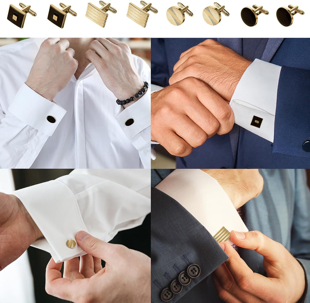 4 Pairs Cufflinks for Men Classic Tone Cuff Links Fashion Men Cufflinks Gold/Sliver Striped Disc Square Rectangle Cuff Links for Business Wedding Party Gift Box