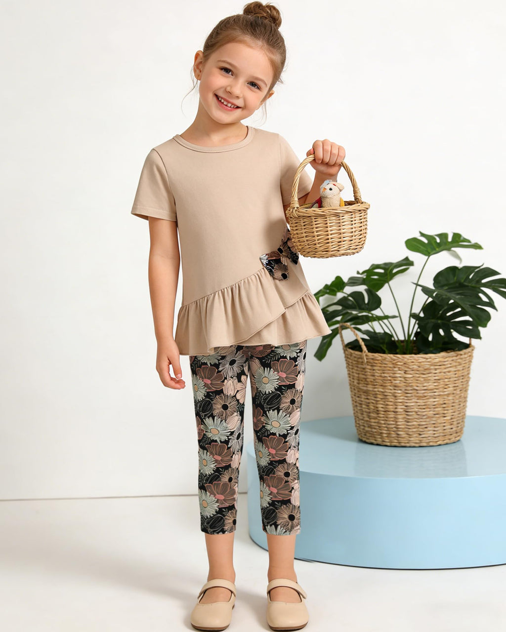 Toddler Girl Clothes 2-8Years Girls Outfit, Short Sleeve Ruffle Bowknot Top+Floral Capri Pants 2Pcs Spring Summer Set