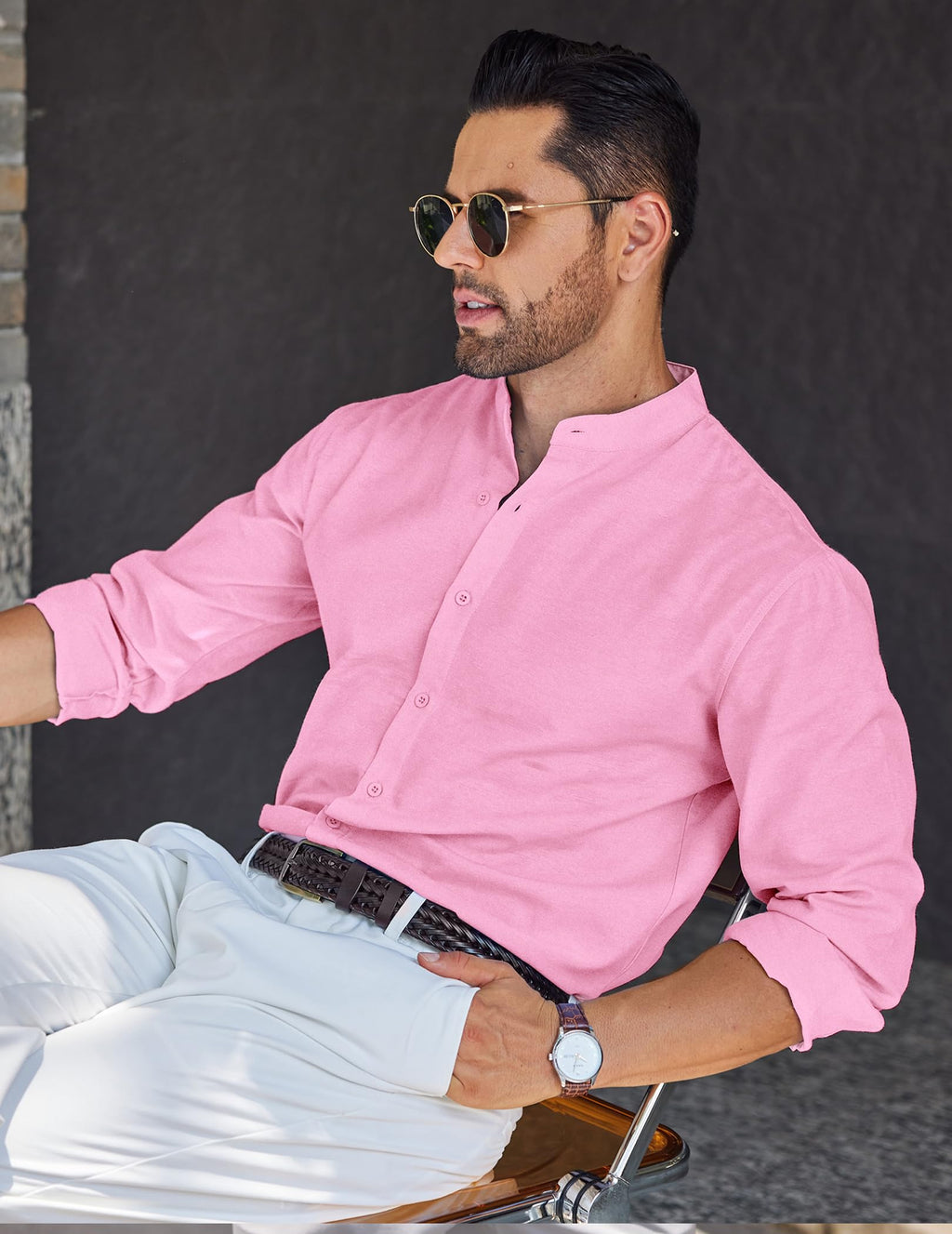 Men's Long Sleeve Oxford Dress Shirts Button Down Shirt Casual Band Collar Shirts