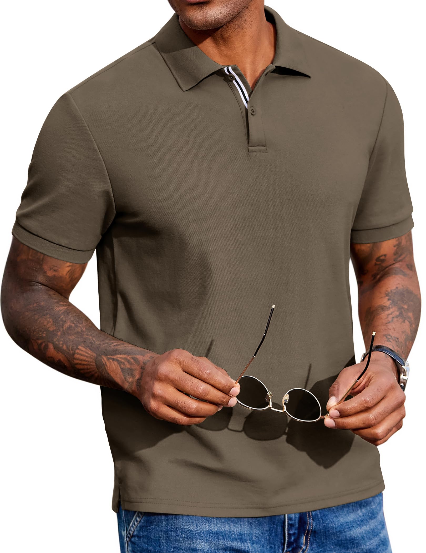 Men's Polo Shirts Short Sleeve Cotton Pique Casual Button T Shirts Classic Fit Collared Golf Shirts
