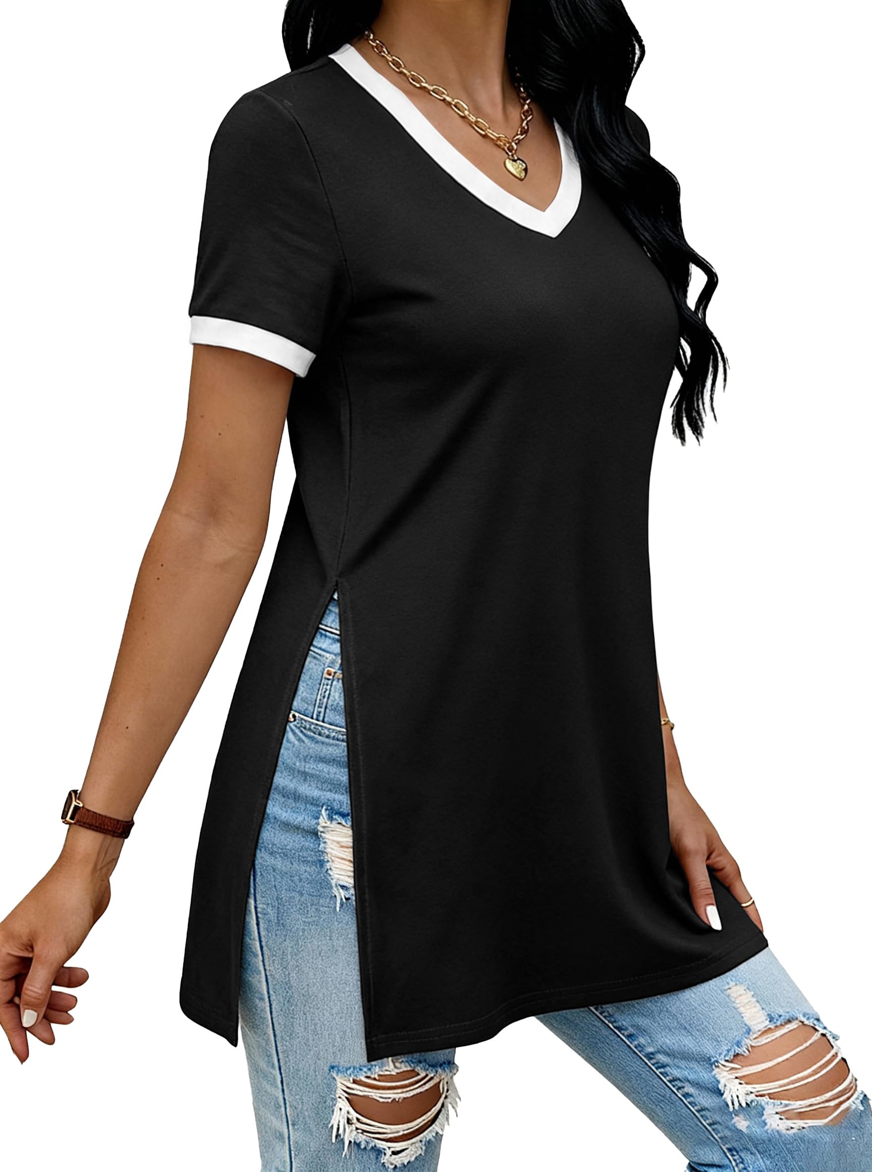 Remidoo Side Slit Tees for Women Tunic Tops Crewneck Long T Shirt Loose Fit Short Sleeve Tee