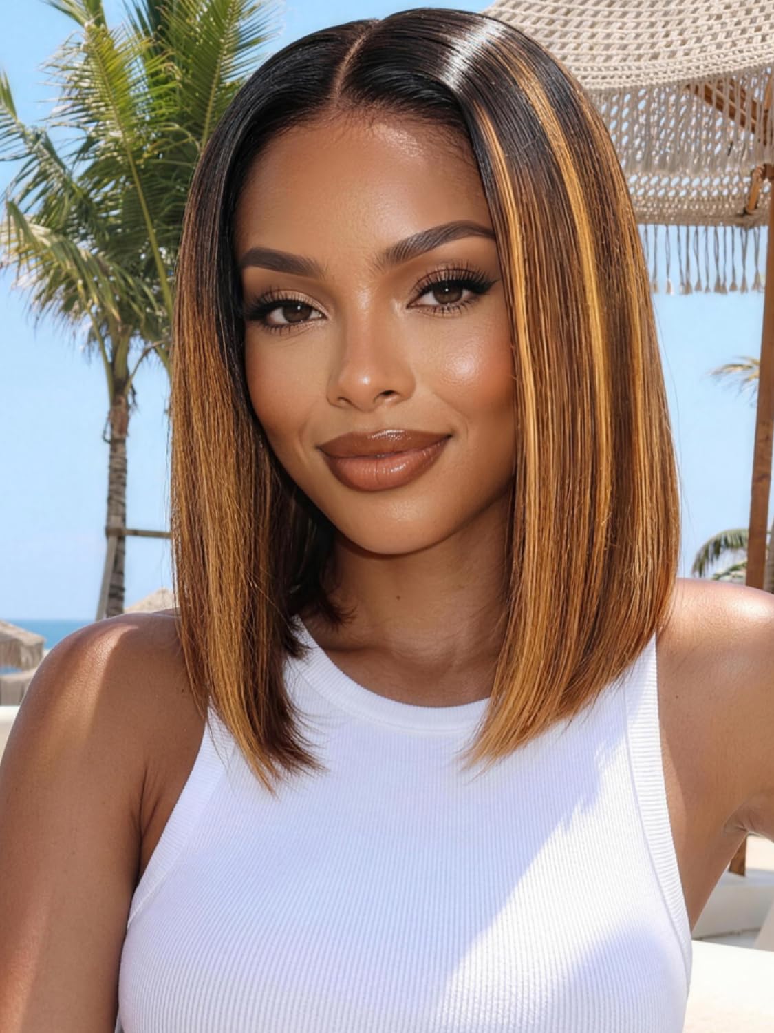Golden Brown Highlight Glueless Yaki Straight Precut 7x5 Lace Front Wigs Human Hair Drawstring Ombre Pre Plucked Bleached Knots 30S Ready to Wear and Go Wig with Dark Roots 16Inch