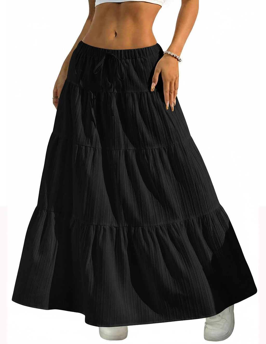 Women's Boho Flowy White Maxi Skirt Flared Ruffle Elastic Waist Summer A Line 2026 Spring Long Skirts
