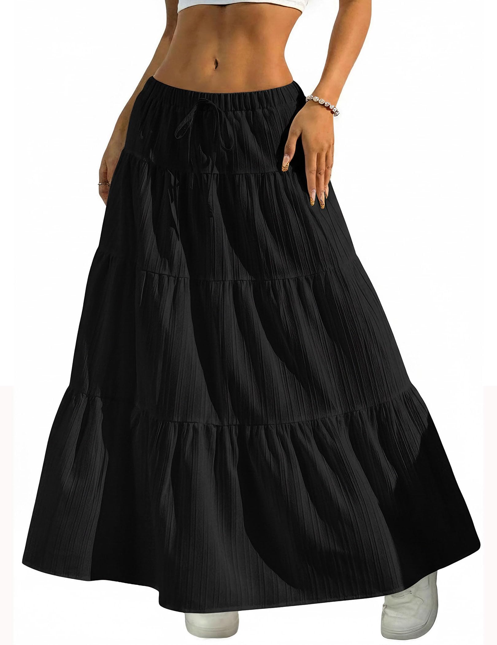 Women's Boho Flowy White Maxi Skirt Flared Ruffle Elastic Waist Summer A Line 2026 Spring Long Skirts