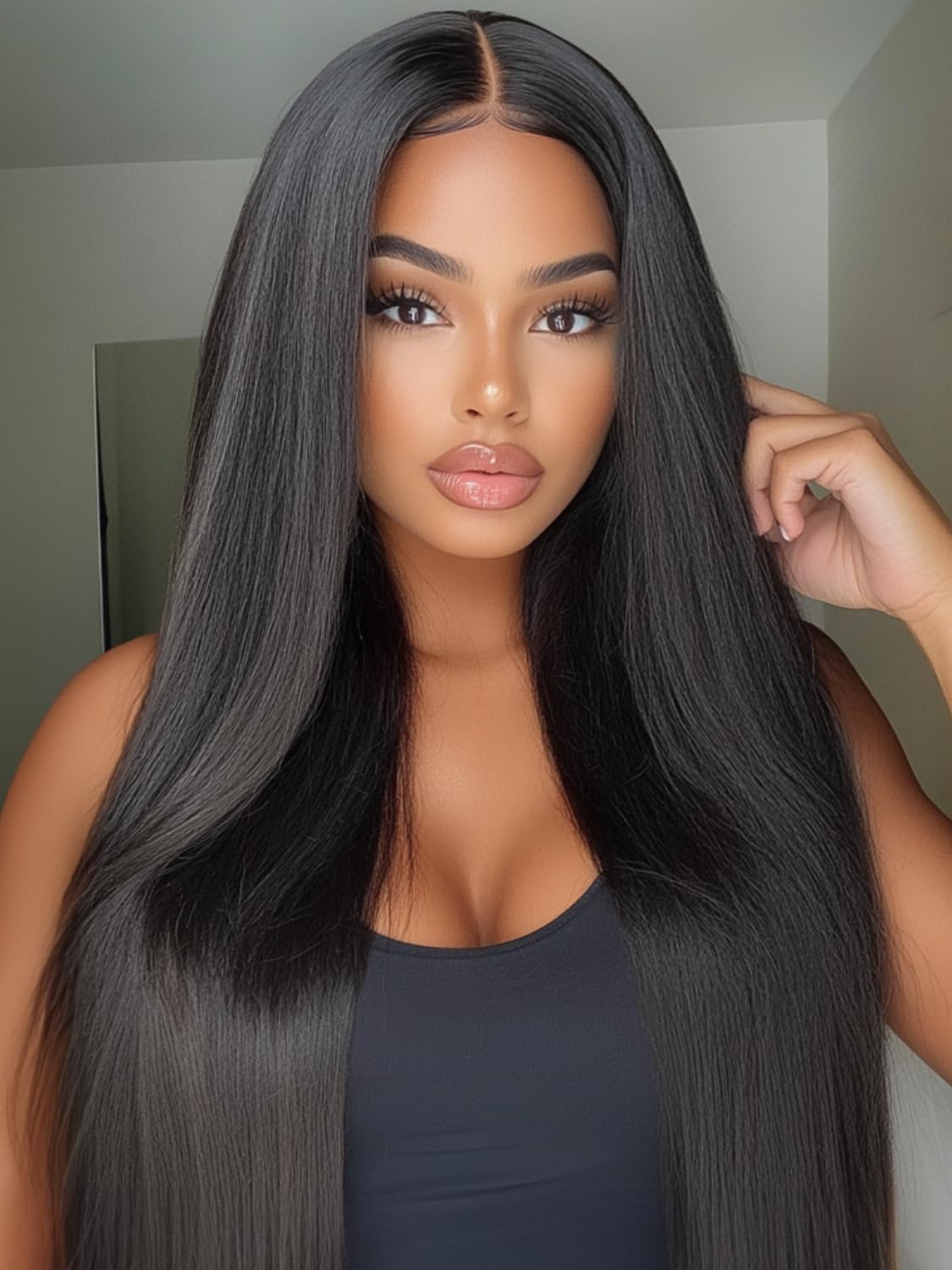Golden Brown Highlight Glueless Yaki Straight Precut 7x5 Lace Front Wigs Human Hair Drawstring Ombre Pre Plucked Bleached Knots 30S Ready to Wear and Go Wig with Dark Roots 16Inch