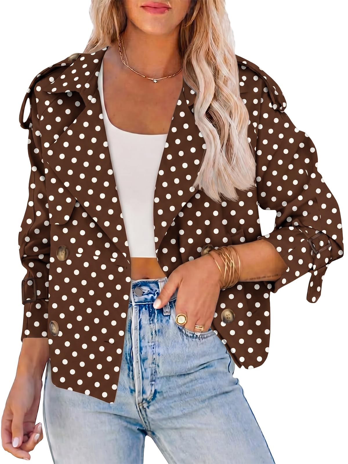 Women Crop Double Breasted Trench Coat Raglan Sleeve Work Office Cropped Jacket With Pockets