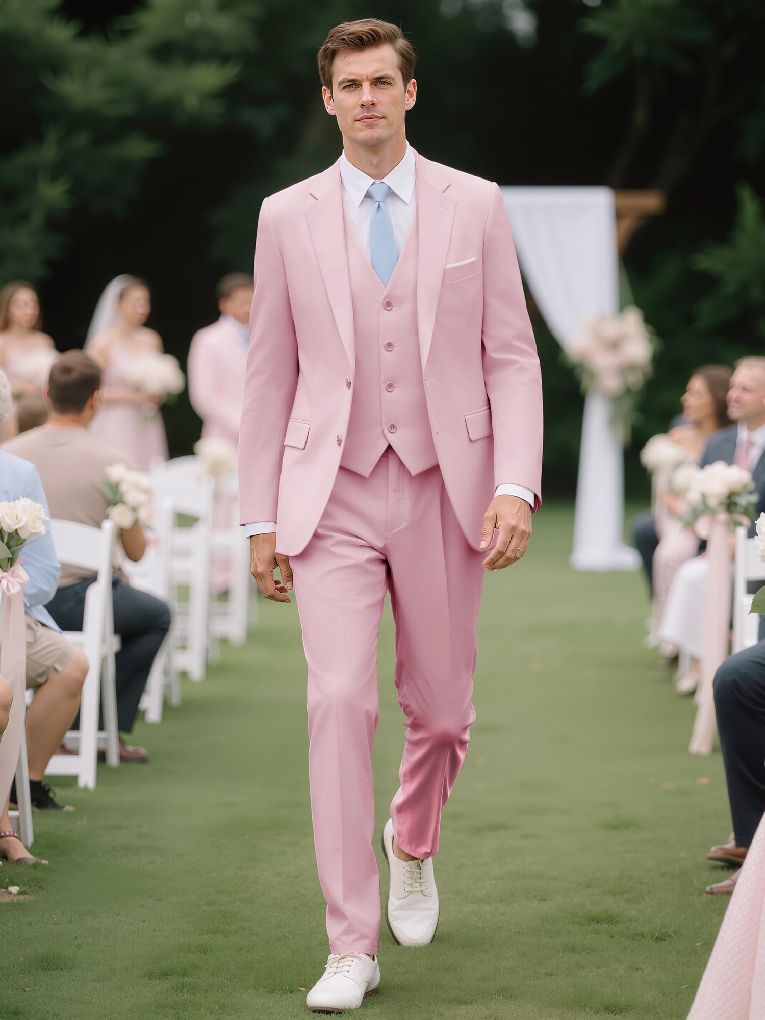 Mens Two Button 3-Piece Suits Slim Fit Tuxedo Set with Blazer Jacket Vest & Pants for Wedding Prom Business