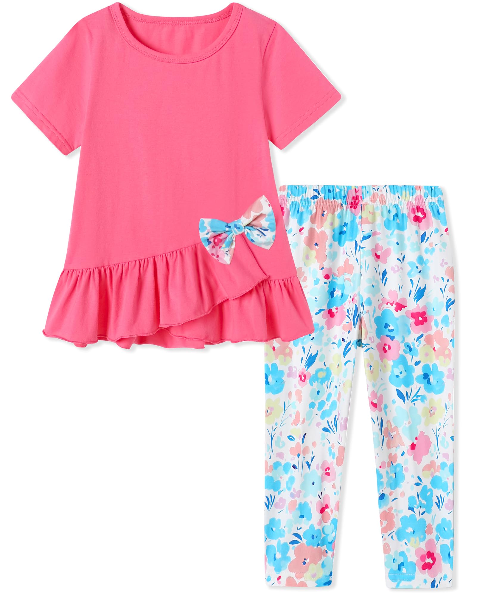 Toddler Girl Clothes 2-8Years Girls Outfit, Short Sleeve Ruffle Bowknot Top+Floral Capri Pants 2Pcs Spring Summer Set