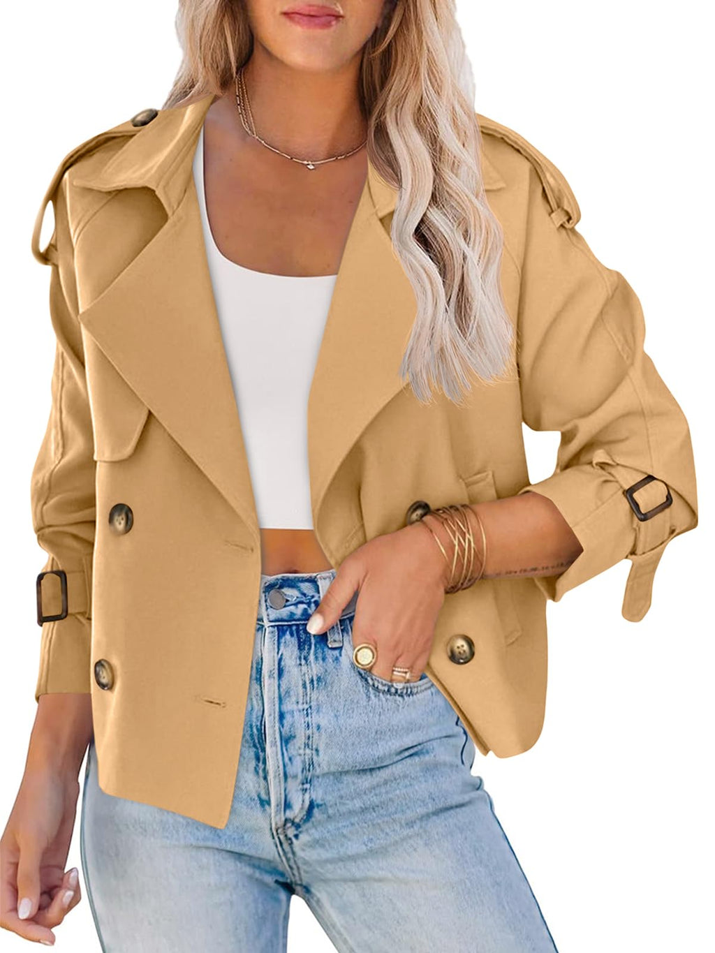 Women Crop Double Breasted Trench Coat Raglan Sleeve Work Office Cropped Jacket With Pockets