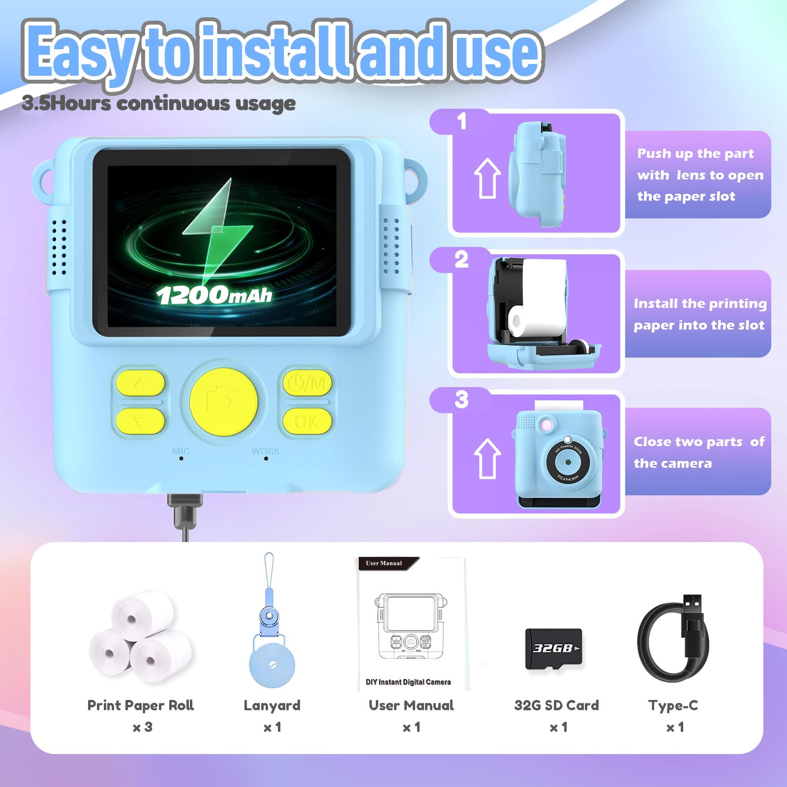 ESOXOFFORE Instant Print Camera for Kids, Christmas Birthday Gifts for Girls Boys Age 3-12,Kids Digital Cameras for Toddler, Portable Toy for 3 4 5 6 7 8 9 10 Year Old Girl with 32GB SD Card-Purple