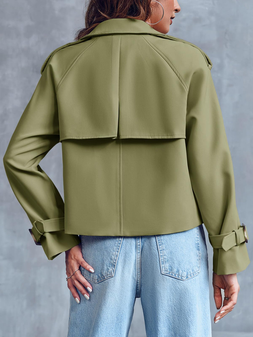 Women Crop Double Breasted Trench Coat Raglan Sleeve Work Office Cropped Jacket With Pockets